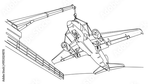 Military jet aircraft being lifted by a large crane on a ship deck in a minimalist line art style