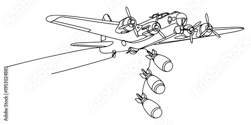 Vintage military bomber aircraft dropping bombs mid flight in a clean continuous line drawing style
