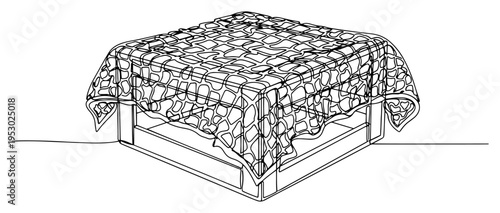 Continuous line drawing of a military crate covered with a camouflage net