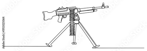 Single line drawing of a heavy machine gun mounted on a tripod weapon system