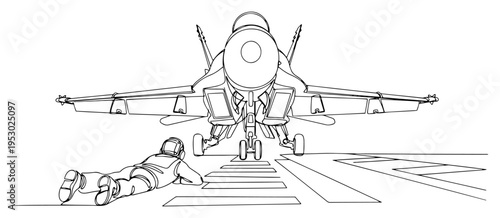 Military jet fighter on an aircraft carrier deck with a crew member in minimalist continuous line art style