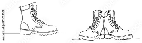Minimalist continuous one line drawing of rugged military combat boots used by soldiers