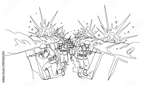 Single line art illustration of brave soldiers fighting in a trench during an active battle with explosions