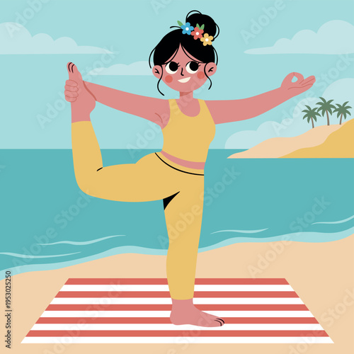 Vector illustration of a woman practicing natarajasana dancer pose yoga on a serene beach at sunset, perfect for wellness and mindfulness concepts