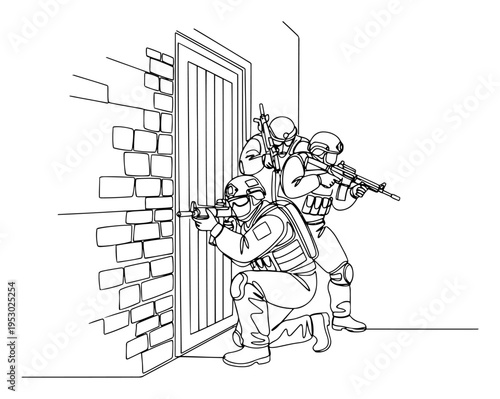Continuous line drawing of a tactical special forces team breaching a door during a mission