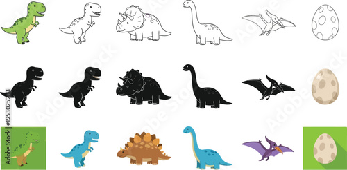 Prehistoric creatures and an egg. Tyrannosaurus Rex, Triceratops, Brachiosaurus, Pterosaur, and Stegosaurus. 