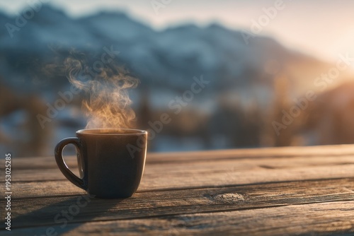 Steaming mug against a serene alpine sunrise landscape