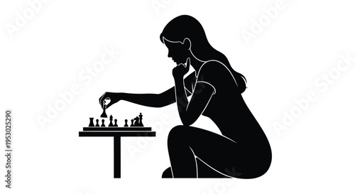 Vector silhouette of woman playing chess