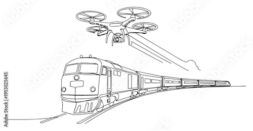 Modern quadcopter drone flying above a speeding passenger train in minimalist continuous line art style