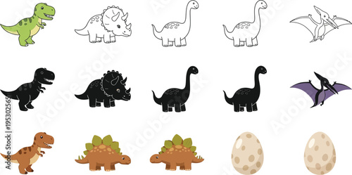 Prehistoric creatures and an egg. Tyrannosaurus Rex, Triceratops, Brachiosaurus, Pterosaur, and Stegosaurus. 