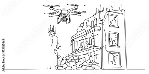 Surveillance quadcopter drone flying over a destroyed building ruin in minimalist continuous line art style