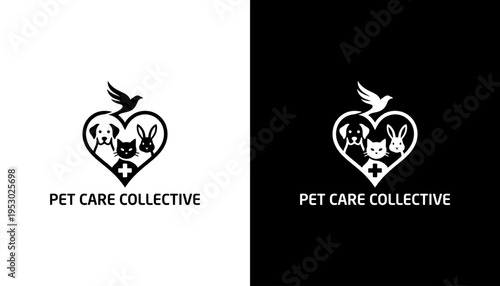 Pet care logo features animals and bird in heart