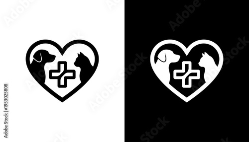 Veterinary care logo with animals and medical symbol in heart