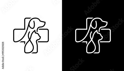 A dog illustration overlaps a medical cross symbol in black and white.