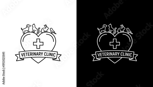 Veterinary clinic logo with heart cross and animals on banner