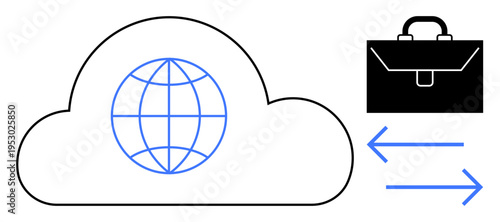 Cloud services, data transfer, global networks, digital storage, remote work, business processes. ion includes a cloud with a globe, briefcase and arrows. Cloud services and data transfer