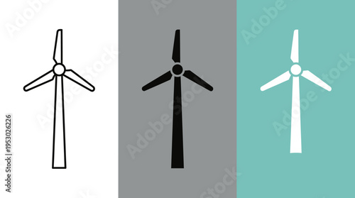 Wind Turbine Icons Set on White, Gray, and Teal Backgrounds