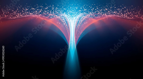 Abstract digital data flow background with glowing red and blue particles merging into a central stream, representing connection, technology, and energy