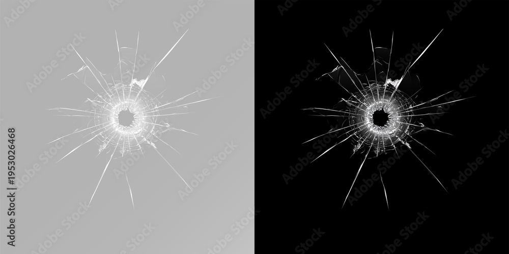 Fototapeta premium Hole in broken glass with cracks and splinters on transparent background png