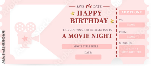 Birthday movie night invitation template. Vector movie ticket for one person. Party, birthday, holiday, movie night, children's birthday.