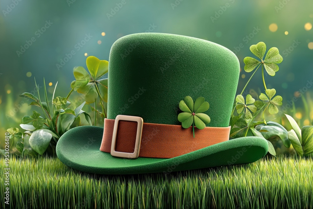 Obraz premium Green leprechaun hat with shamrocks on grass for St Patrick's Day celebration and luck