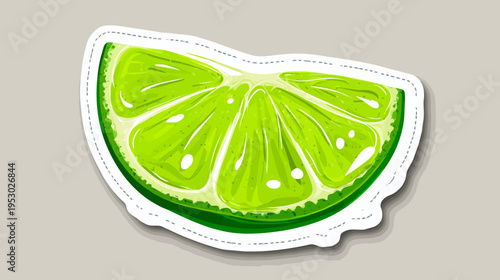 A stylized illustration of a lime wedge, vibrant green, cut with a sticker-like edge