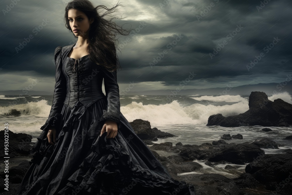 Naklejka premium Woman standing on a dark, rocky shore with ocean waves crashing under a cloudy sky