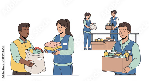 Volunteers sorting donations for charity, helping community, giving aid