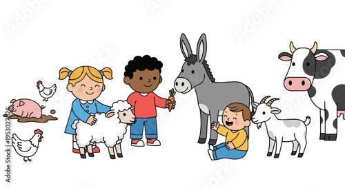 Children interacting with farm animals, diverse kids feeding animals, cartoon style illustration