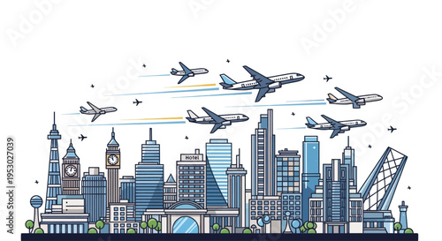 Airplanes flying over modern city skyline with skyscrapers and landmarks, travel concept