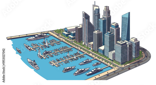 Modern City Marina with Yachts and Skyscrapers