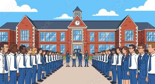 Diverse students line up outside brick school building, ready for class or assembly.