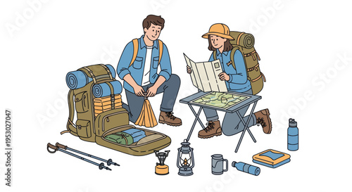 Hikers Planning Adventure with Map and Camping Gear