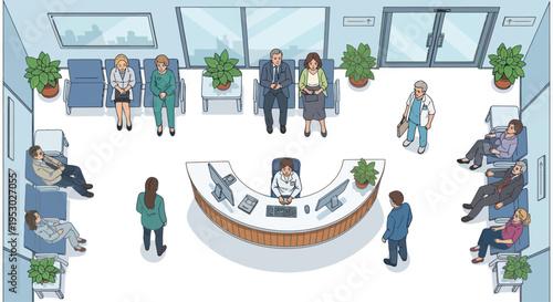 Diverse people waiting in a modern doctor's office reception area with plants and natural light.
