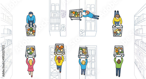 Overhead view of people shopping in a grocery store with full carts