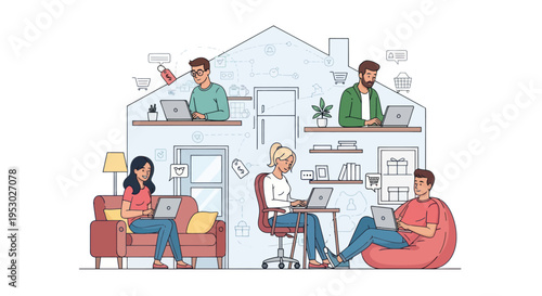 Diverse people working remotely from home in a cozy, modern interior with laptops and digital devices.