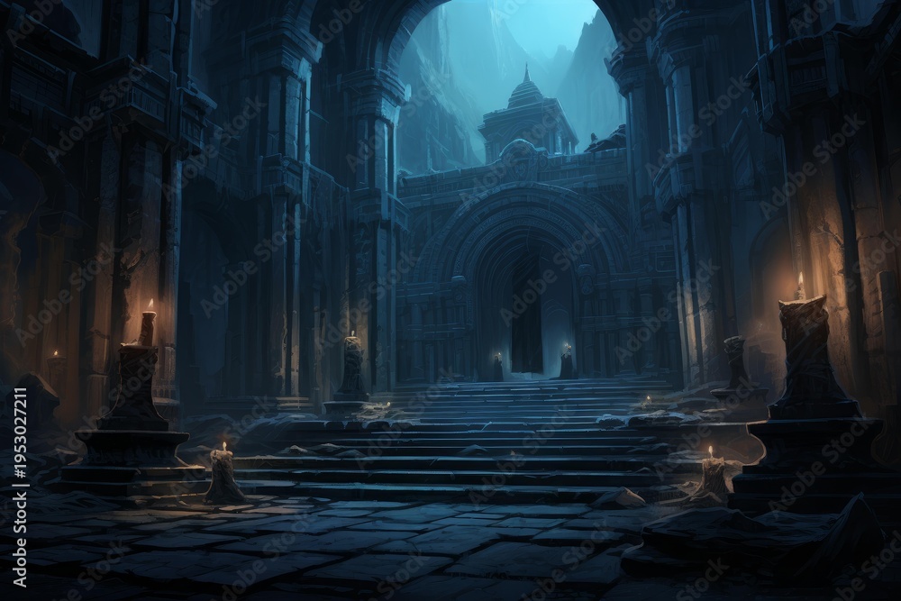Obraz premium Ancient stone temple with mysterious glowing candles illuminating its dark, atmospheric interior