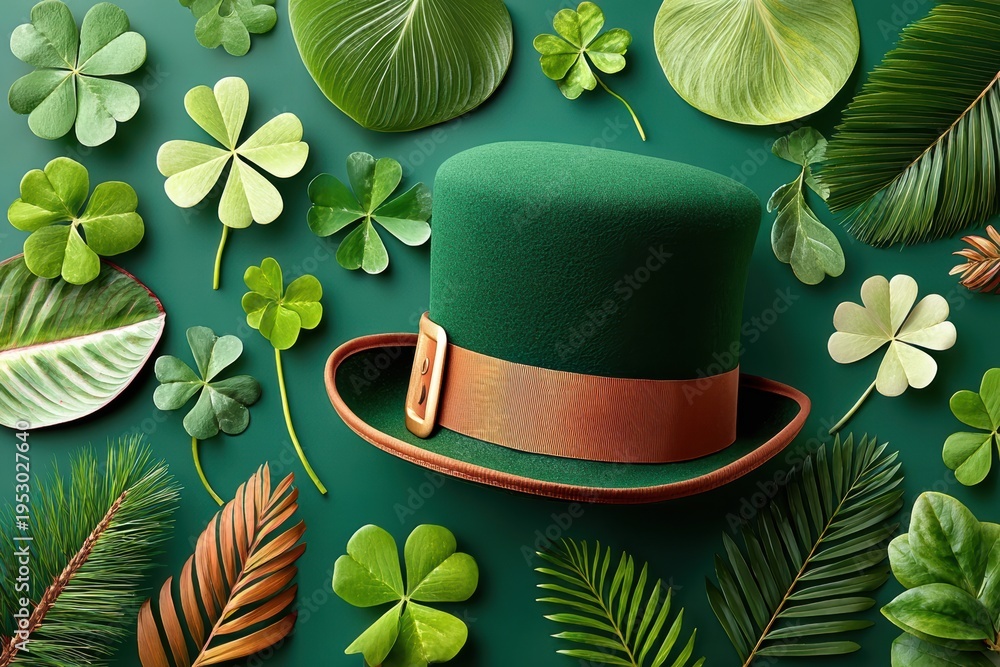 Obraz premium St. Patrick's Day leprechaun hat surrounded by clovers and tropical leaves on green background