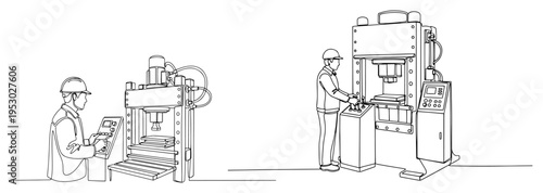 Industrial workers operating heavy hydraulic press machinery in professional manufacturing facility