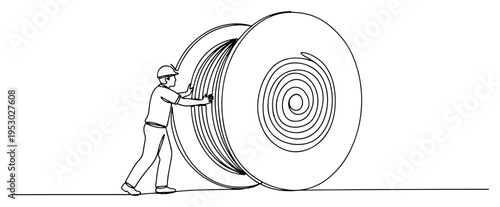 Construction worker rolling a large industrial cable reel in continuous line art style
