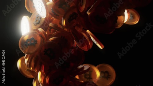 Abstract 3D animation bitcoin tokens swirling in dynamic motion graphics flow. Golden crypto coins rotate in structured system market growth and fall, trading volatility BTC digital finance investment