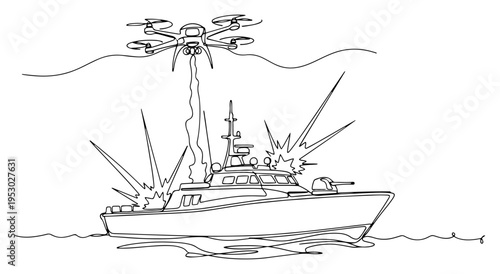 Military drone flying above naval patrol boat during sea combat operations in line art style