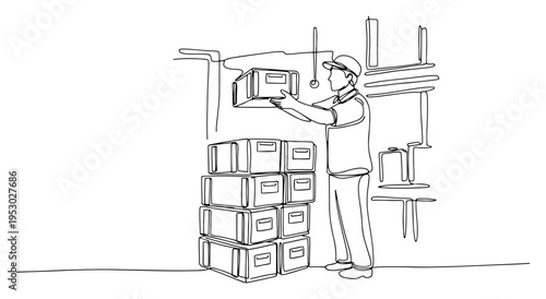 Warehouse employee stacking storage boxes on shelves in professional logistics center using line art style