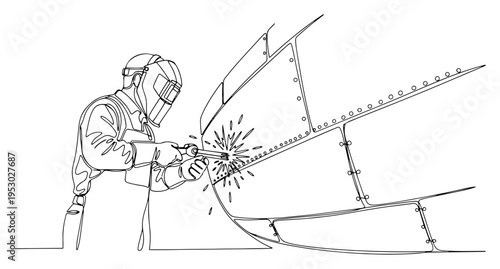 Industrial welder in safety gear working on a large metal ship hull structure in minimalist line art