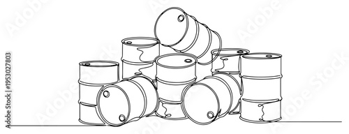 Group of industrial oil or chemical storage barrels in minimalist continuous line art style