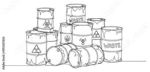 Stack of toxic waste barrels with radiation and biohazard symbols in continuous line art style