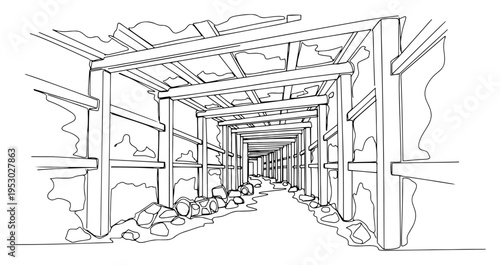 One line art of a deep underground mining tunnel with structural support beams