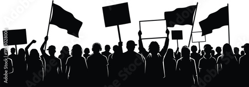 Silhouette of a crowd holding flags in protest or demonstration