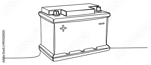 Single line art illustration of a heavy duty car battery with terminals