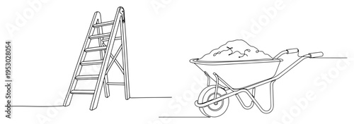 Continuous line drawing of a construction wheelbarrow and a folding step ladder